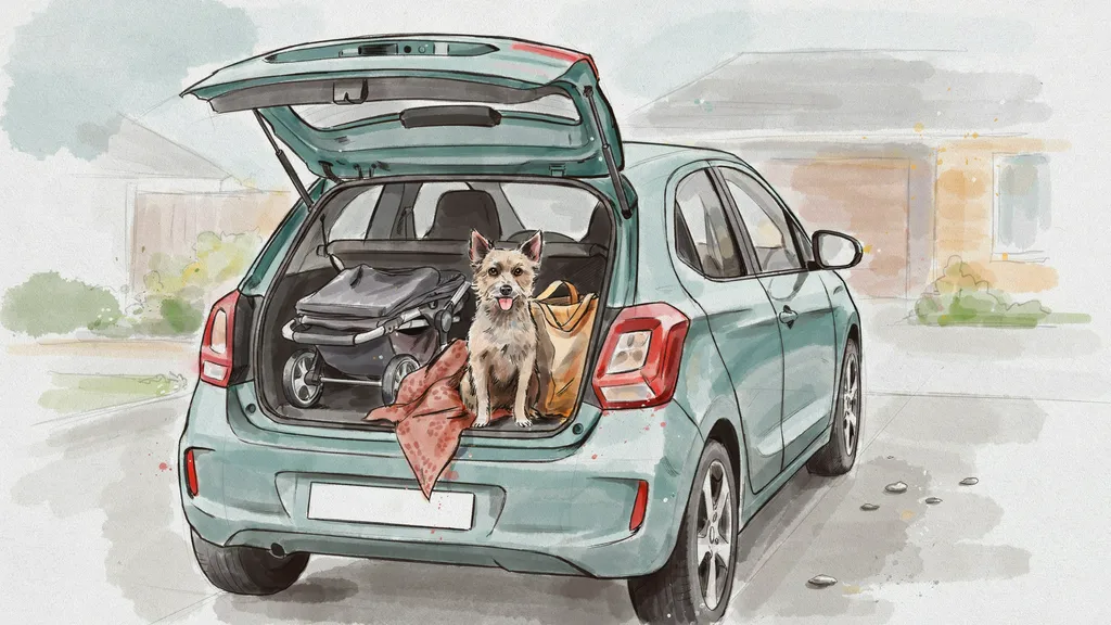 Illustration of the open boot of a compact crossover loaded with a buggy and shopping, a dog sitting on the tailgate