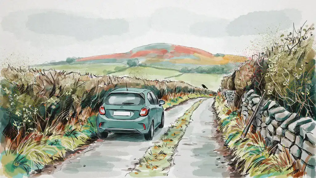Illustration of a compact crossover on a narrow Irish country lane between hedgerows and a stone wall